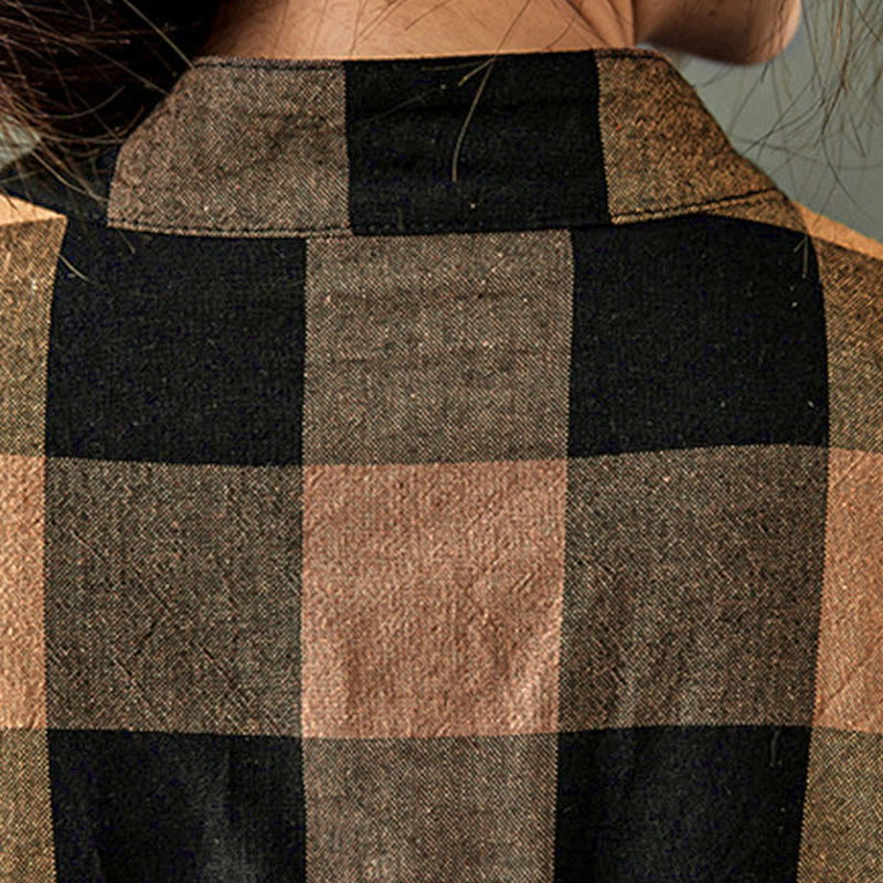 Natural Cotton Patchwork Plaid Long Sleeve Midi Dress