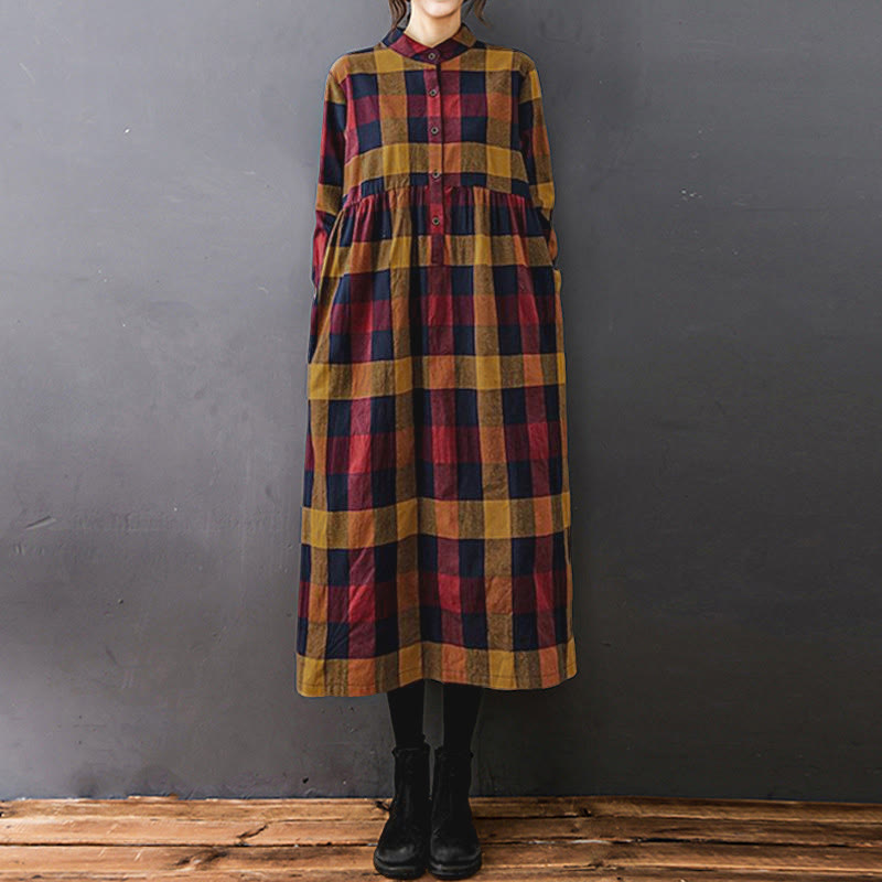 Natural Cotton Patchwork Plaid Long Sleeve Midi Dress