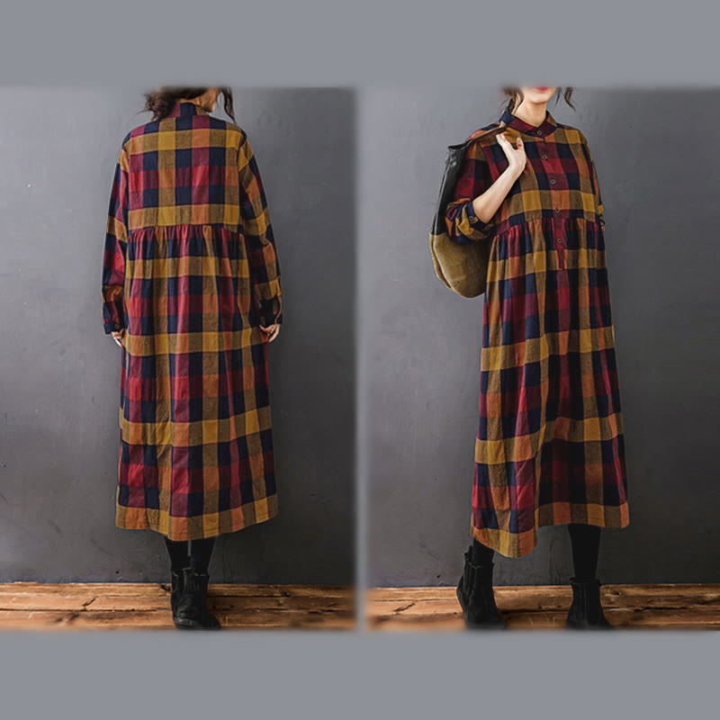 Natural Cotton Patchwork Plaid Long Sleeve Midi Dress