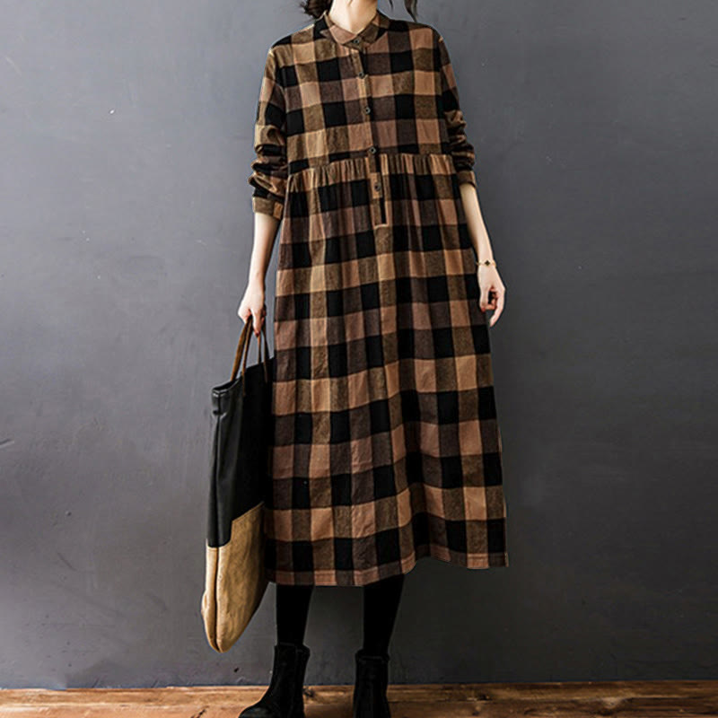 Natural Cotton Patchwork Plaid Long Sleeve Midi Dress