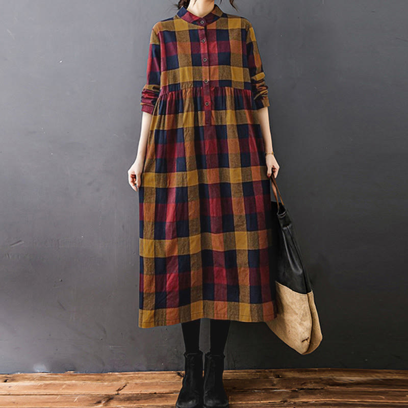 Natural Cotton Patchwork Plaid Long Sleeve Midi Dress
