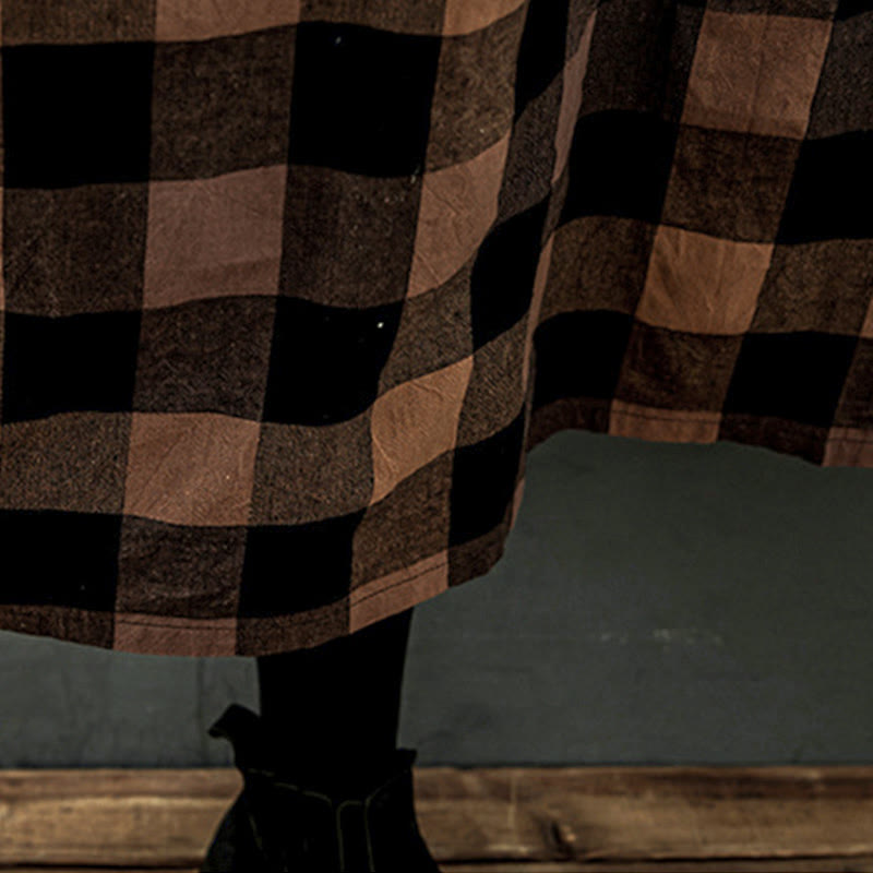 Natural Cotton Patchwork Plaid Long Sleeve Midi Dress
