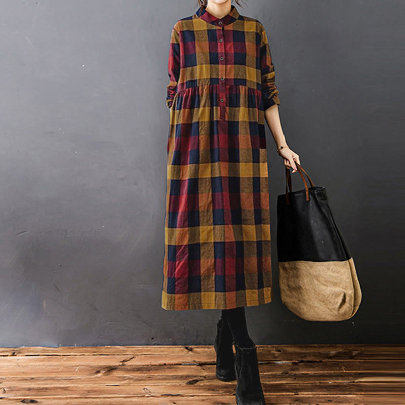 Natural Cotton Patchwork Plaid Long Sleeve Midi Dress