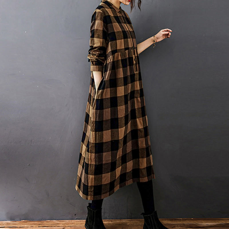 Natural Cotton Patchwork Plaid Long Sleeve Midi Dress