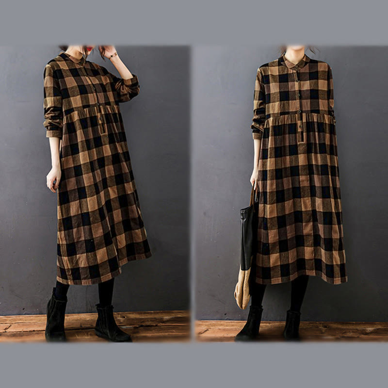 Natural Cotton Patchwork Plaid Long Sleeve Midi Dress