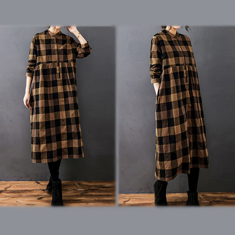 Natural Cotton Patchwork Plaid Long Sleeve Midi Dress