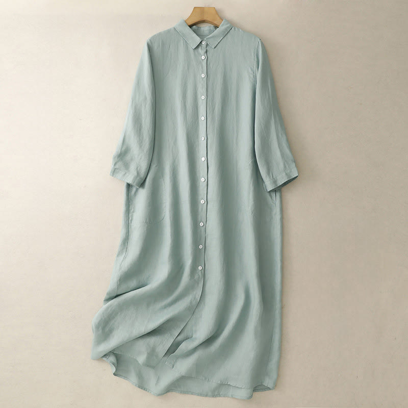 Grounding Cotton Long-Sleeve Button-Down Meditation Midi Dress