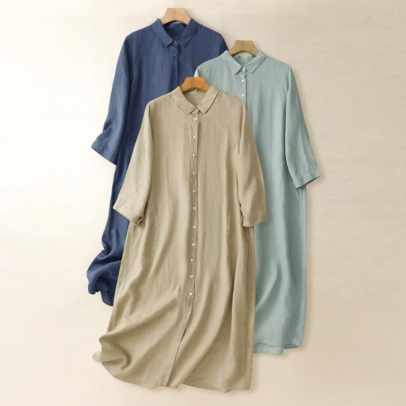 Grounding Cotton Long-Sleeve Button-Down Meditation Midi Dress