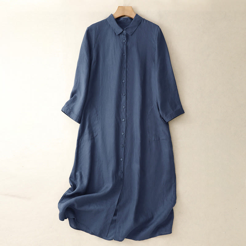 Grounding Cotton Long-Sleeve Button-Down Meditation Midi Dress