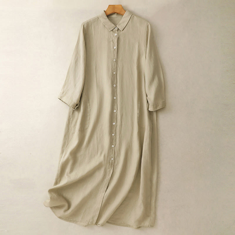 Grounding Cotton Long-Sleeve Button-Down Meditation Midi Dress