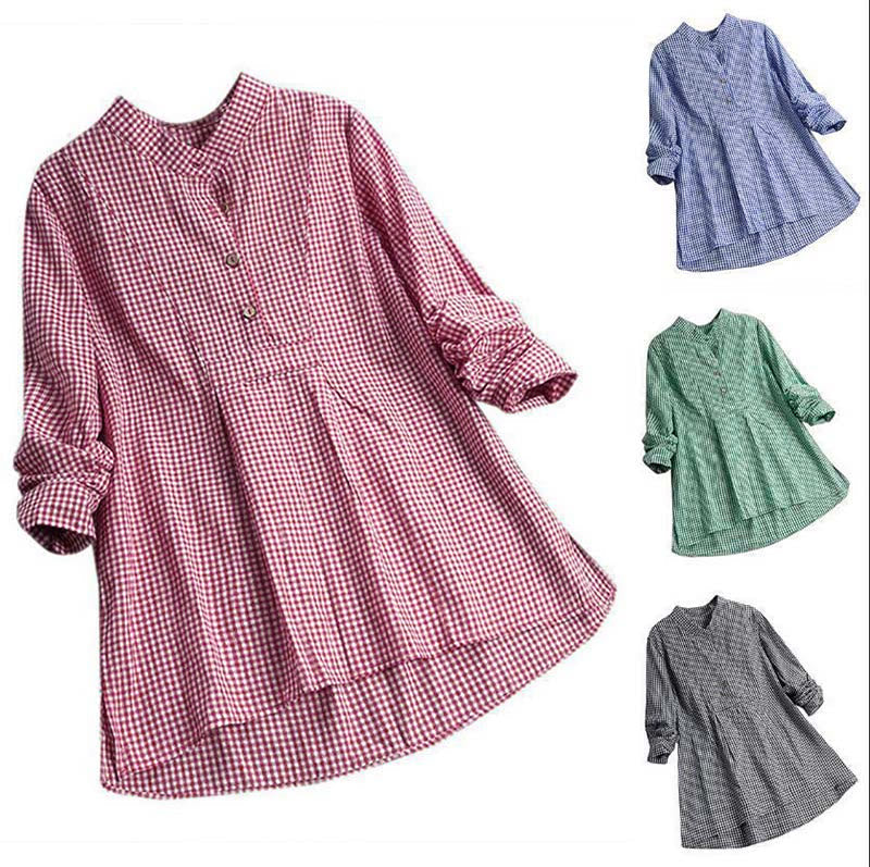 Women's Buttons Long Sleeve Checked Pattern Shirt