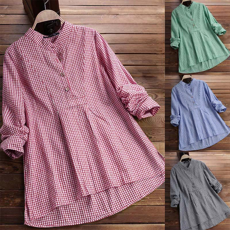 Women's Buttons Long Sleeve Checked Pattern Shirt