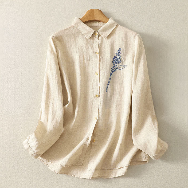 Lightweight Embroidered Floral Mindful Long-Sleeve Shirt