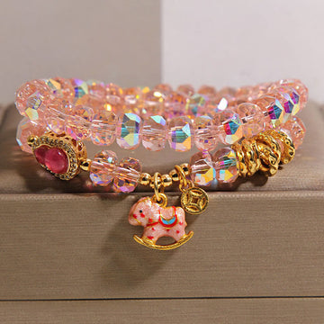 Zodiac Horse Crystal Glass & Copper Coin Wu Lou Double Wrap Bracelet
