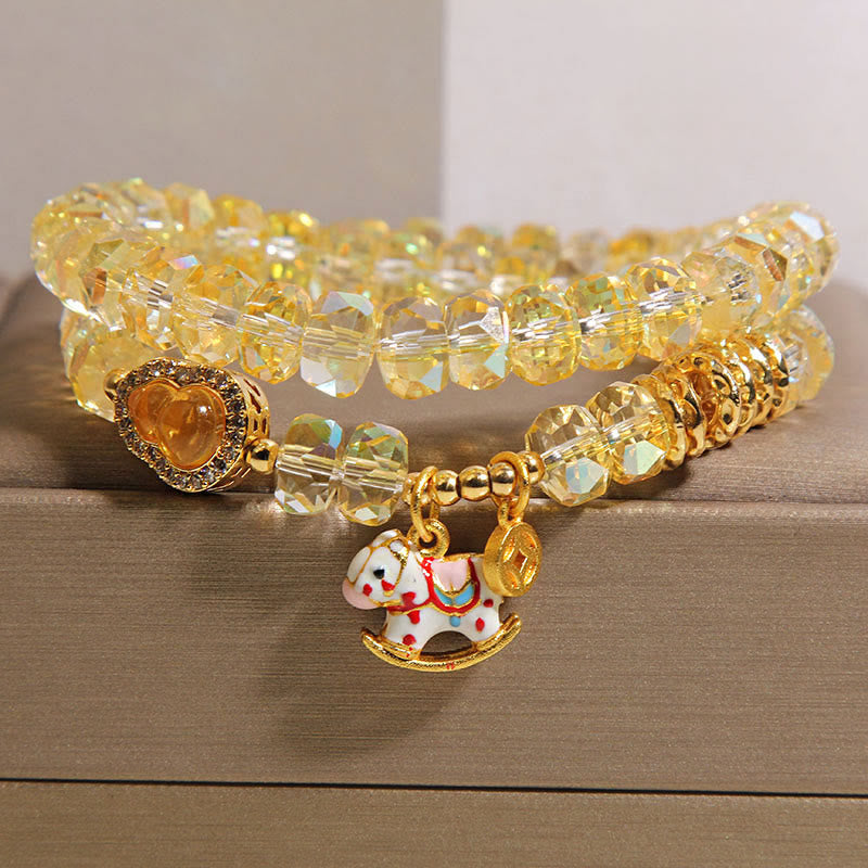 Zodiac Horse Crystal Glass & Copper Coin Wu Lou Double Wrap Bracelet