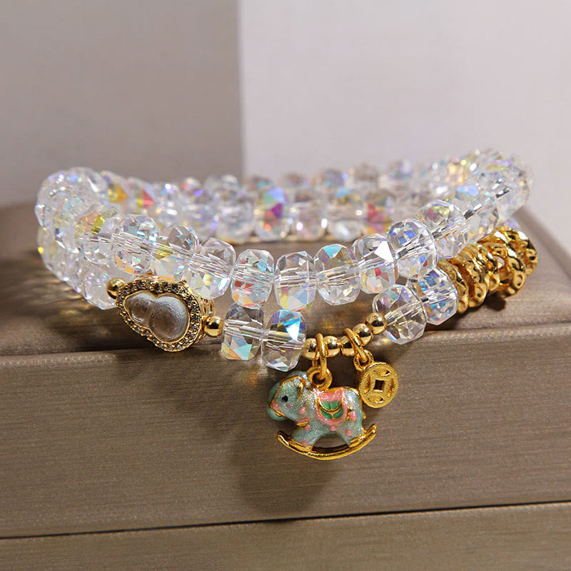 Zodiac Horse Crystal Glass & Copper Coin Wu Lou Double Wrap Bracelet