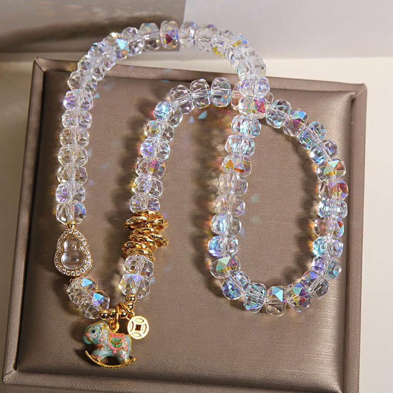 Zodiac Horse Crystal Glass & Copper Coin Wu Lou Double Wrap Bracelet