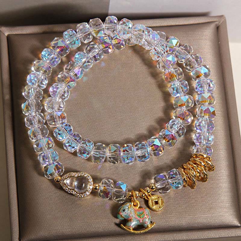 Zodiac Horse Crystal Glass & Copper Coin Wu Lou Double Wrap Bracelet