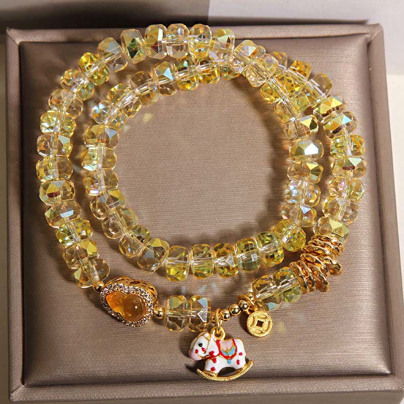 Zodiac Horse Crystal Glass & Copper Coin Wu Lou Double Wrap Bracelet