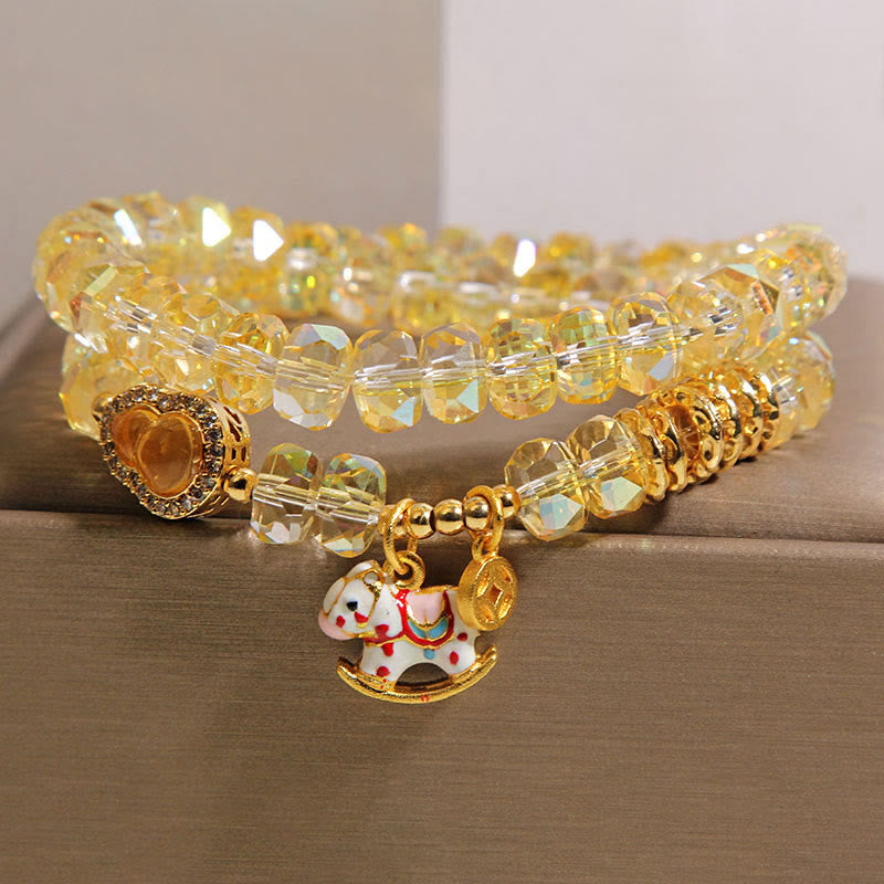 Zodiac Horse Crystal Glass & Copper Coin Wu Lou Double Wrap Bracelet