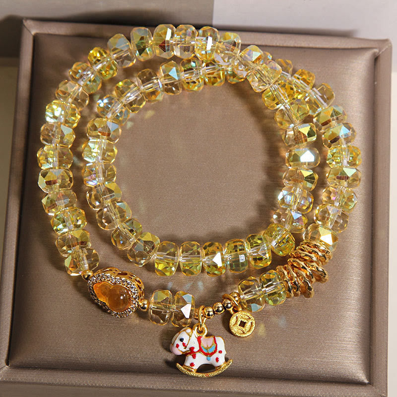 Zodiac Horse Crystal Glass & Copper Coin Wu Lou Double Wrap Bracelet