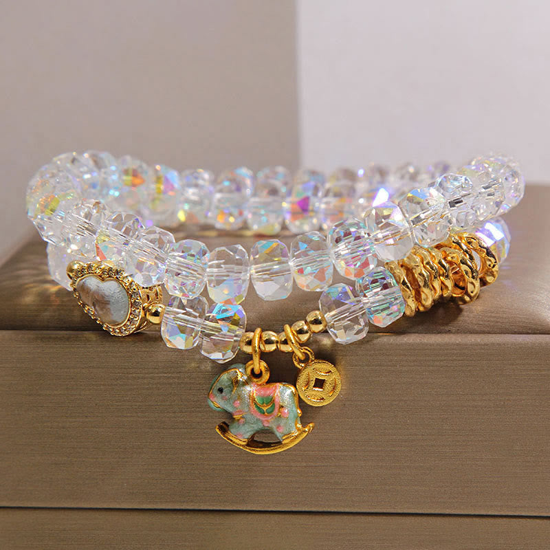 Zodiac Horse Crystal Glass & Copper Coin Wu Lou Double Wrap Bracelet