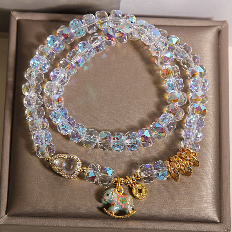 Zodiac Horse Crystal Glass & Copper Coin Wu Lou Double Wrap Bracelet