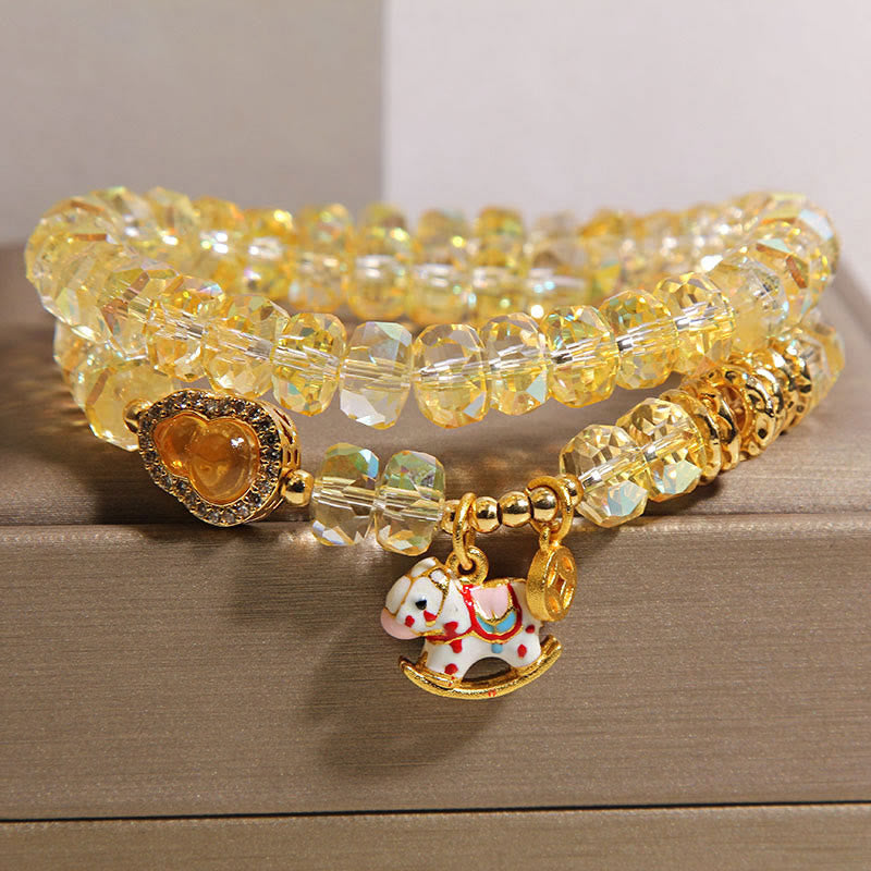 Zodiac Horse Crystal Glass & Copper Coin Wu Lou Double Wrap Bracelet