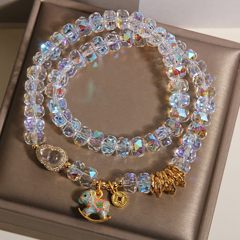 Zodiac Horse Crystal Glass & Copper Coin Wu Lou Double Wrap Bracelet