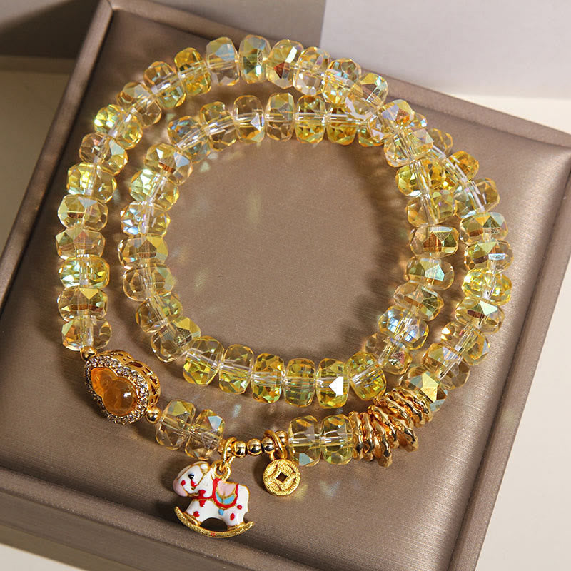 Zodiac Horse Crystal Glass & Copper Coin Wu Lou Double Wrap Bracelet