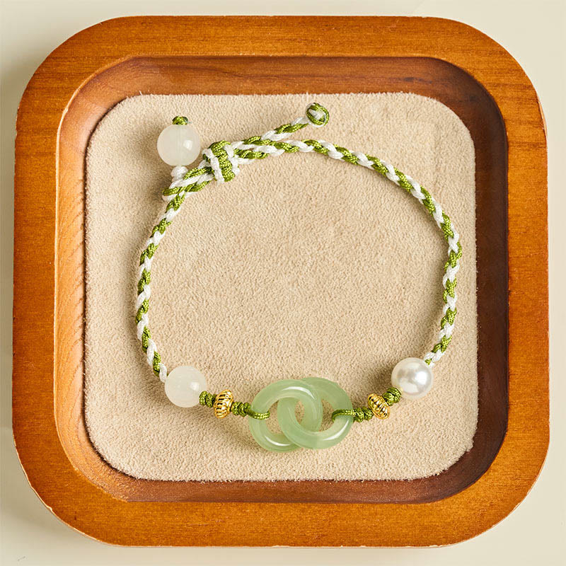 Green & White Braided Rope Ping An Kou Jade Bracelet for Inner Balance