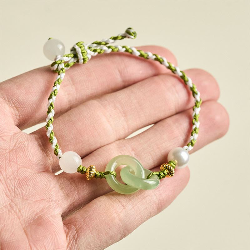 Green & White Braided Rope Ping An Kou Jade Bracelet for Inner Balance