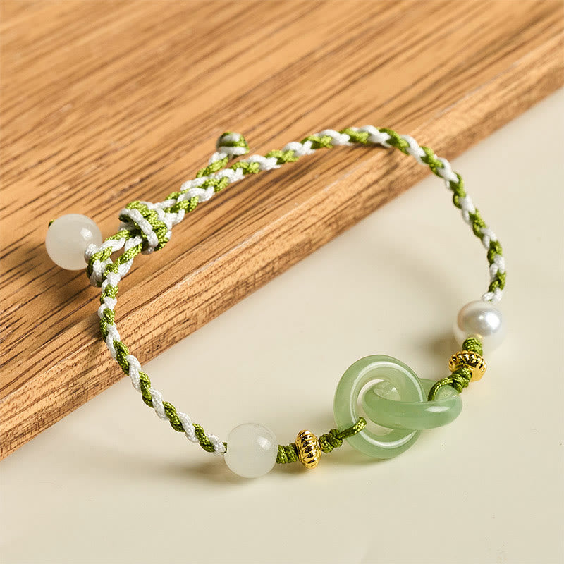 Green & White Braided Rope Ping An Kou Jade Bracelet for Inner Balance