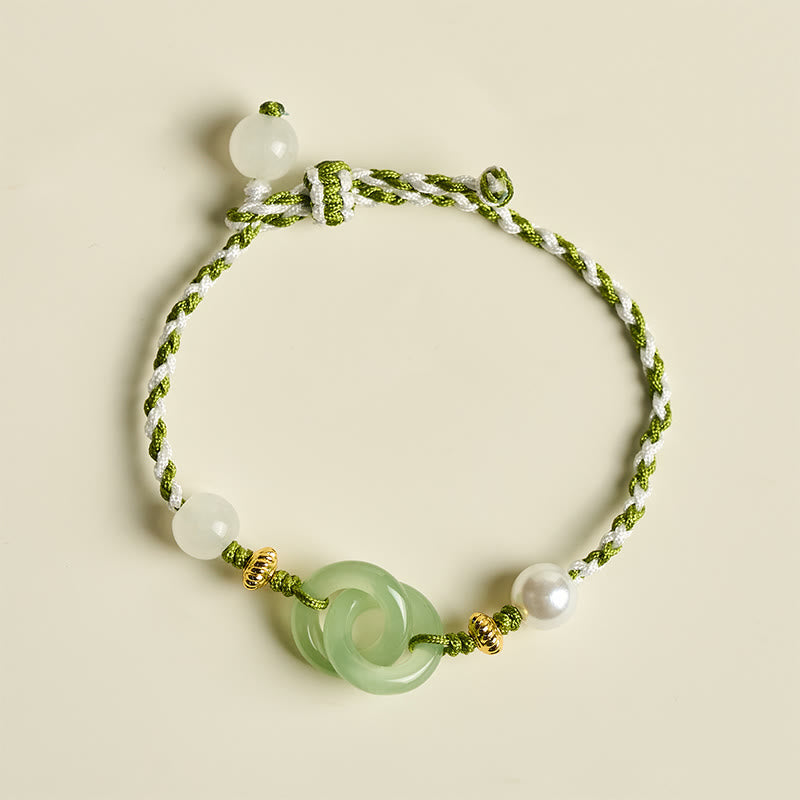 Green & White Braided Rope Ping An Kou Jade Bracelet for Inner Balance