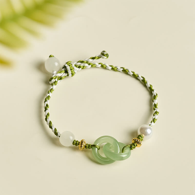 Green & White Braided Rope Ping An Kou Jade Bracelet for Inner Balance