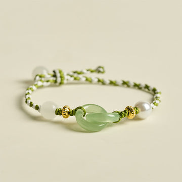 Green & White Braided Rope Ping An Kou Jade Bracelet for Inner Balance