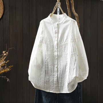 Breathable Cotton Pleated Stand-Collar Mindful Shirt