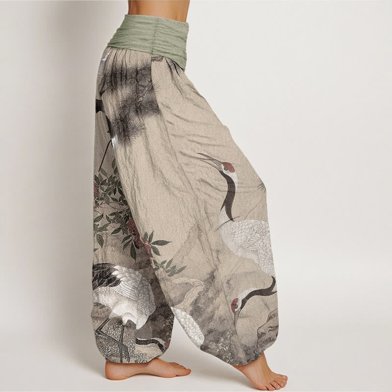 Cotton Casual Red-crowned Crane Pine Tree Mountain Women's Elastic Waist Harem Pants