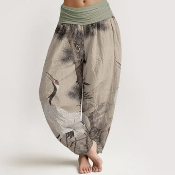 Cotton Casual Red-crowned Crane Pine Tree Mountain Women's Elastic Waist Harem Pants