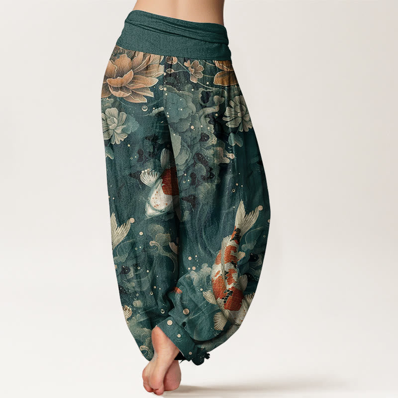 Cotton Colorful Koi Fish Lotus Flowers Design Women's Elastic Waist Harem Pants