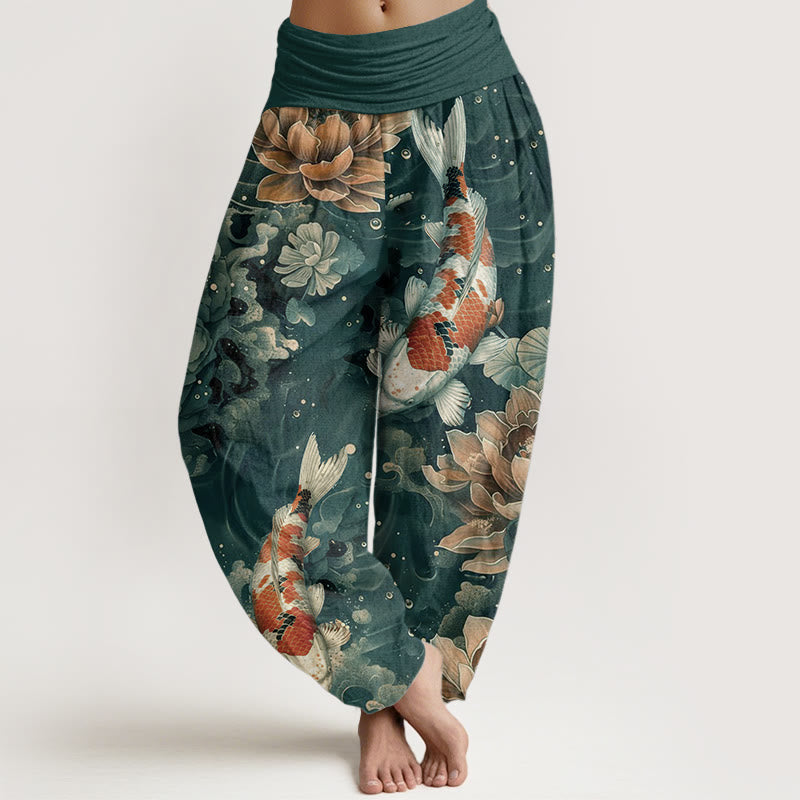 Cotton Colorful Koi Fish Lotus Flowers Design Women's Elastic Waist Harem Pants