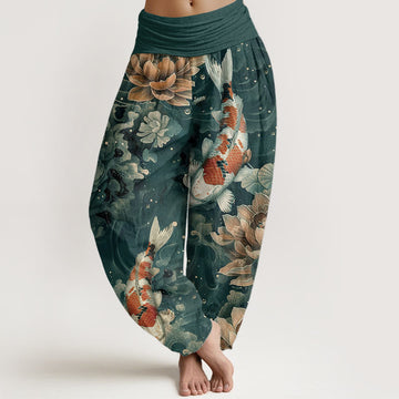 Cotton Colorful Koi Fish Lotus Flowers Design Women's Elastic Waist Harem Pants