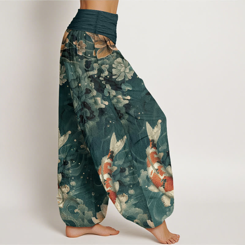 Cotton Colorful Koi Fish Lotus Flowers Design Women's Elastic Waist Harem Pants
