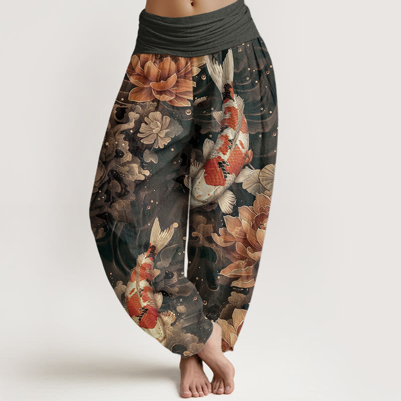 Cotton Colorful Koi Fish Lotus Flowers Design Women's Elastic Waist Harem Pants