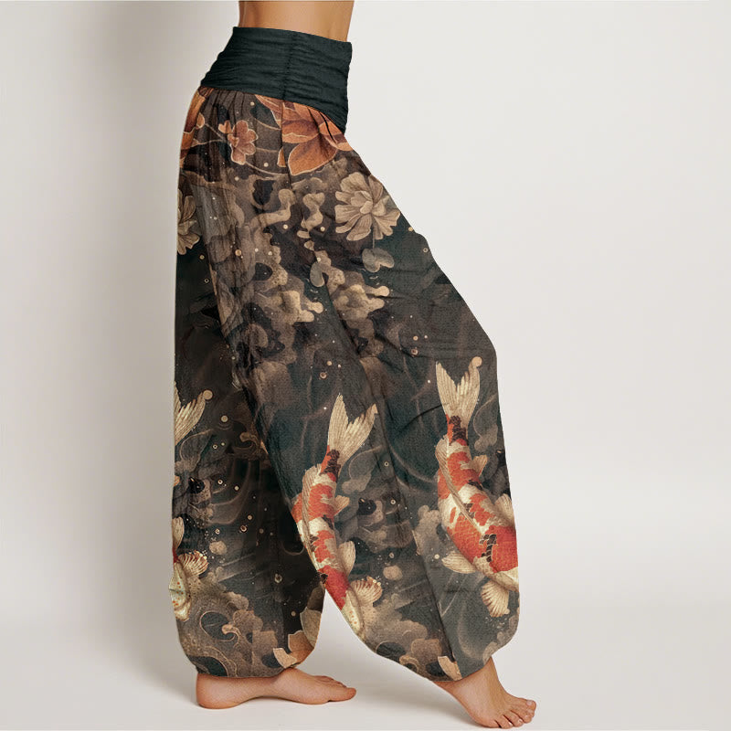 Cotton Colorful Koi Fish Lotus Flowers Design Women's Elastic Waist Harem Pants