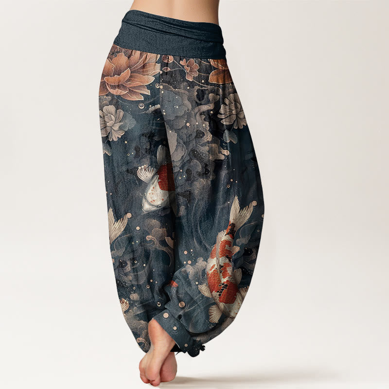 Cotton Colorful Koi Fish Lotus Flowers Design Women's Elastic Waist Harem Pants