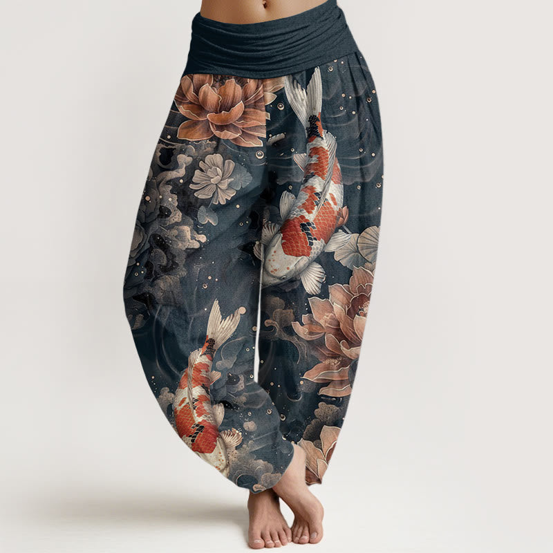 Cotton Colorful Koi Fish Lotus Flowers Design Women's Elastic Waist Harem Pants