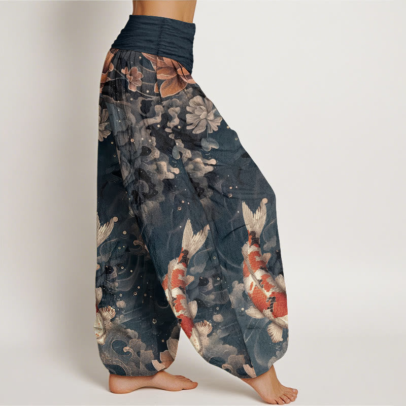 Cotton Colorful Koi Fish Lotus Flowers Design Women's Elastic Waist Harem Pants