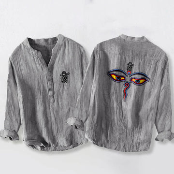 Cotton Linen Stand Collar Om Iconography Mindful Shirt