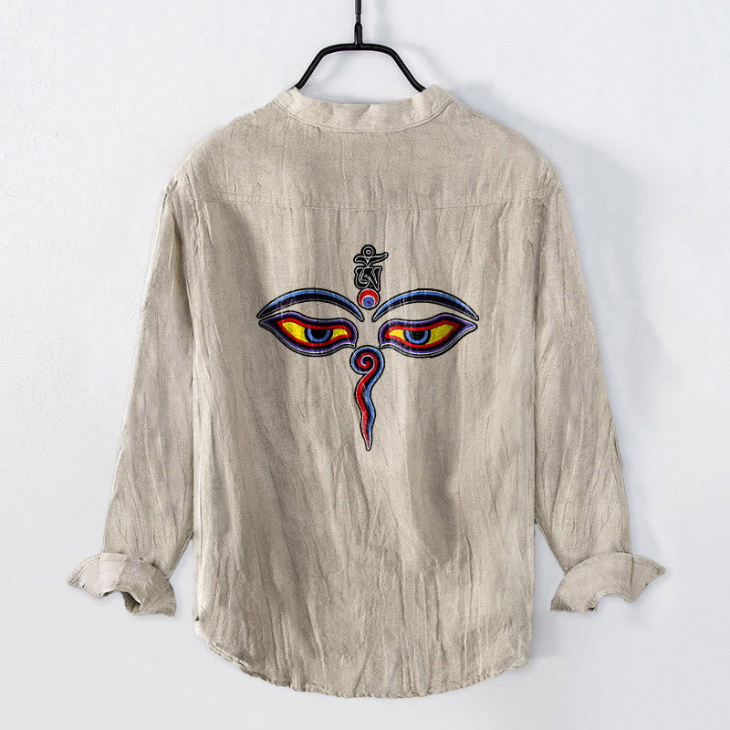 Cotton Linen Stand Collar Om Iconography Mindful Shirt